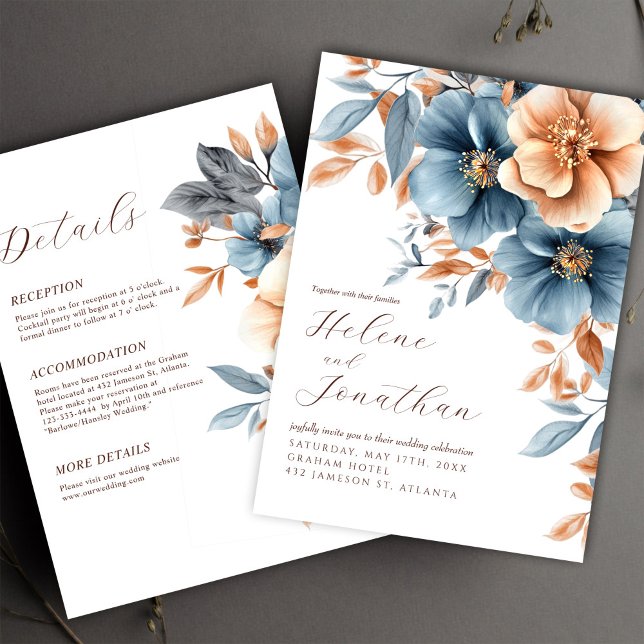 Convite Tudo Em Um Casamento De Terra Azul E Elegante (All In One Elegant Dusty Blue Terracotta Wedding Invitation)
