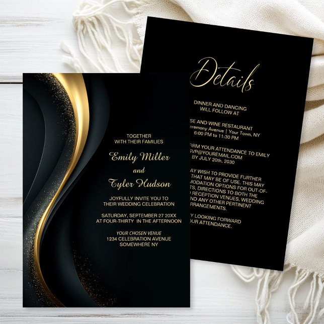 Convite Tudo em Um Casamento Elegante Preto e Dourado (Criador carregado)