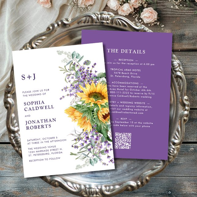 Convite Tudo em um casamento entre girassol e Lavanda (All in One Sunflower and Lavender Monogram Wedding Invitation)