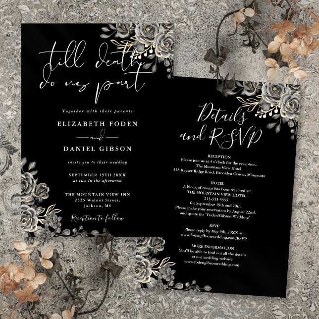 Convite Tudo Em Um Casamento Falso Gótico Preto E Branco (All In One Black And White Gothic Floral Wedding Invitation)