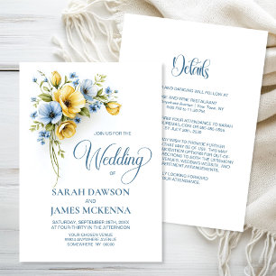 Convite Tudo em Um Casamento Floral Azul e Amarelo Elegant