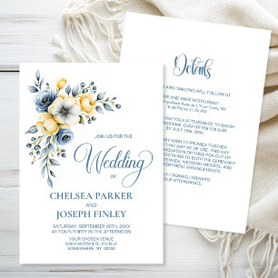 Convite Tudo em Um Casamento Floral Azul e Amarelo Empoeir