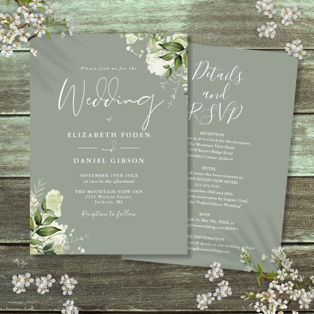 Convite Tudo em Um Casamento Floral de Verde Salvia Verdej (All In One Sage Green Greenery Floral Wedding Invitation)