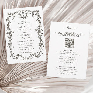 Convite Tudo em Um Casamento Floral Francês Cinza Escuro M