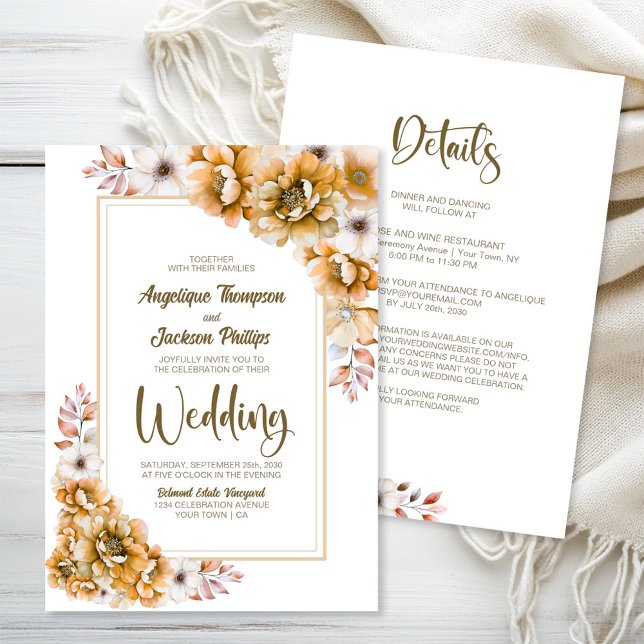 Convite Tudo Em Um Casamento Floral Laranja (Criador carregado)