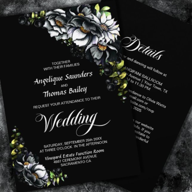 Convite Tudo Em Um Casamento Floral Negro Moody (Criador carregado)