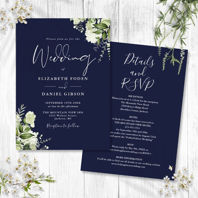 Convite Tudo Em Um Casamento Floral Verde Naval (All In One Navy Blue Greenery Floral Wedding Invitation)