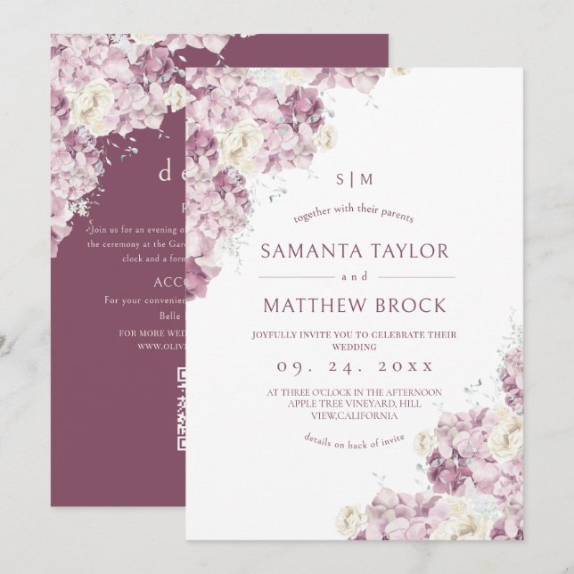 Convite Tudo em Um Casamento Moderno⎮Flores Empoeiradas (Frente/Verso)