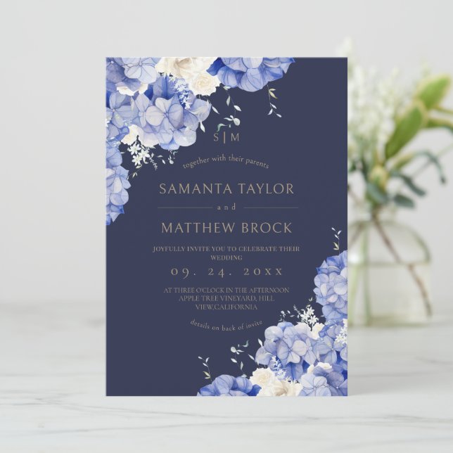 Convite Tudo em Um Casamento Moderno⎮Flores Navy (Em pé/Frente)