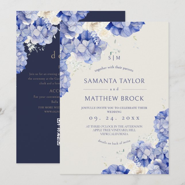 Convite Tudo em Um Casamento Moderno⎮Flores Navy Marfim (Frente/Verso)