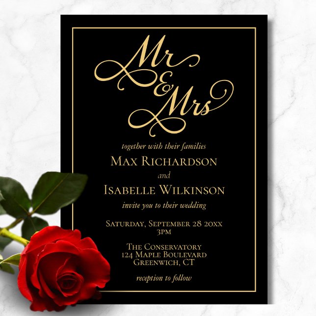 Convite Tudo em um casamento negro e Dourado legante (Chic elegant all in one black and gold wedding invitation, mr and mrs, script calligraphy typography)
