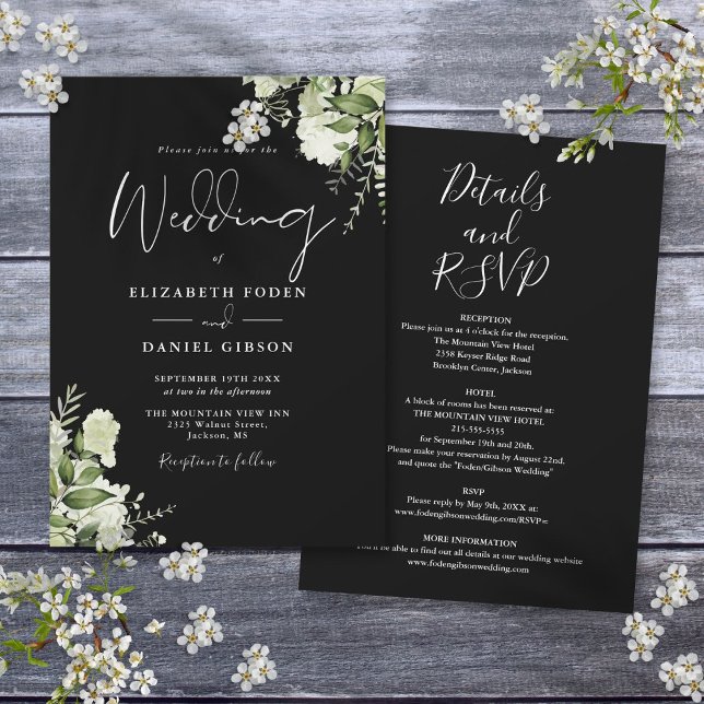 Convite Tudo Em Um Casamento Preto E Branco Com Folhagens (All In One Dusty Black And White Greenery Wedding Invitation)