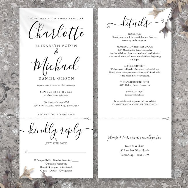Convite Tudo Em Um Casamento Preto E Branco Com Letra Eleg (All In One Black And White Elegant Script Wedding Invitation)