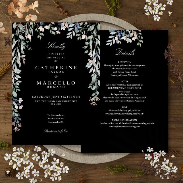 Convite Tudo Em Um Casamento Preto E Branco Floral (All In One Floral Black And White Wedding Invitation)