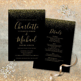 Convite Tudo Em Um Casamento Preto e Dourado com Brilho Ro