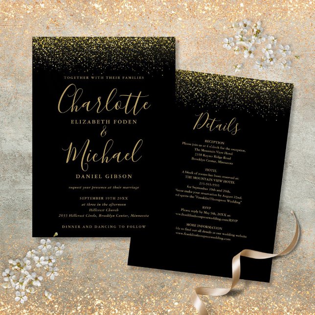 Convite Tudo Em Um Casamento Preto e Dourado com Brilho Ro (All In One Black And Gold Glitter Script Wedding Invitation)