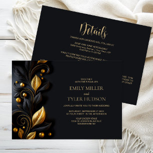 Convite Tudo em Um Casamento Preto e Dourado com Folhas