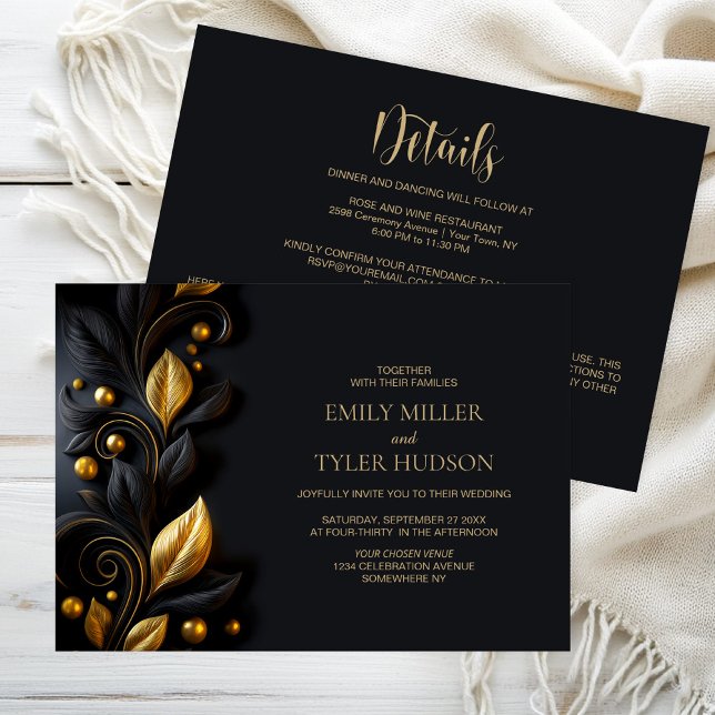 Convite Tudo em Um Casamento Preto e Dourado com Folhas (Criador carregado)