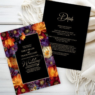 Convite Tudo em Um Casamento Preto Floral Roxo e Laranja