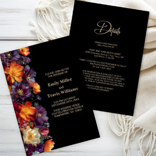 Convite Tudo em Um Casamento Preto Floral Roxo e Laranja