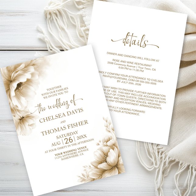 Convite Tudo em Um Casamento Rústico com Floral Neutro (Criador carregado)