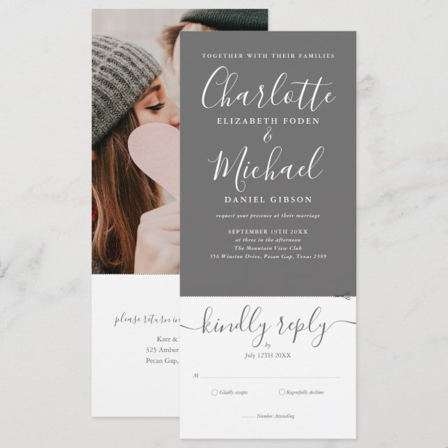 Convite Tudo Em Um Cinza E Branco Script Foto Casamento (Frente/Verso)