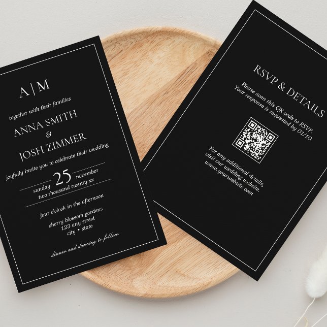 Convite Tudo em um código de QR mínimo preto e branco (All in one Black Invitation with QR code - classy, elegant, modern typography)