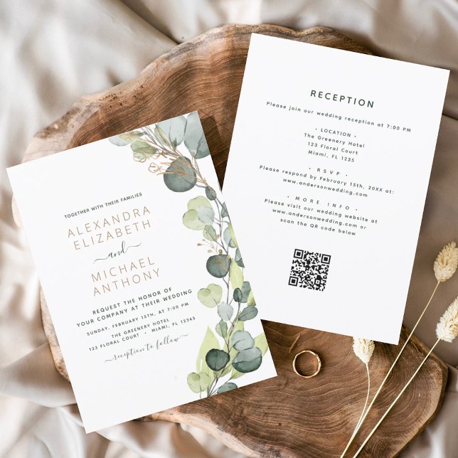 Convite Tudo em um código Eucalyptus QR Casamento Verde (Criador carregado)