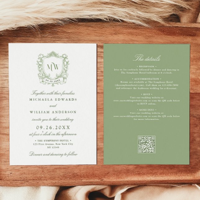 Convite Tudo Em Um Código QR de Casamento Monograma Crest  (Criador carregado)
