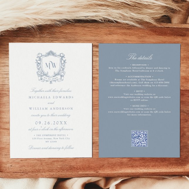 Convite Tudo Em Um Código QR de Casamento Monograma Crest  (Criador carregado)
