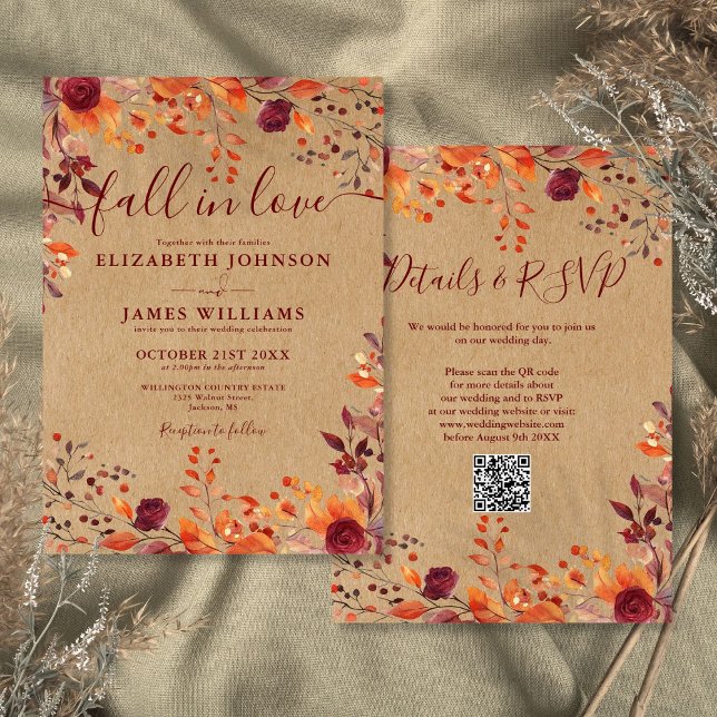 Convite Tudo Em Um Código QR de Casamento Rústico de Outon (All In One Rustic Fall In Love QR Code Wedding Invitation)