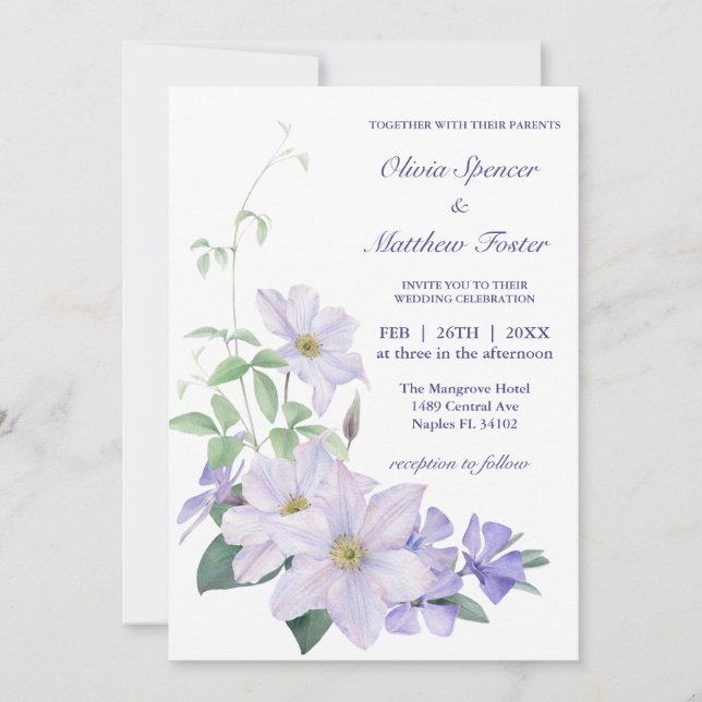 Convite Tudo em um, com o e o periwinkle clematis Wedding (Frente)