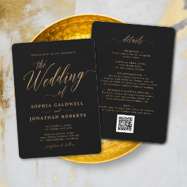 Convite Tudo em Um Elegante Dourado Caligrafia Preto Casam