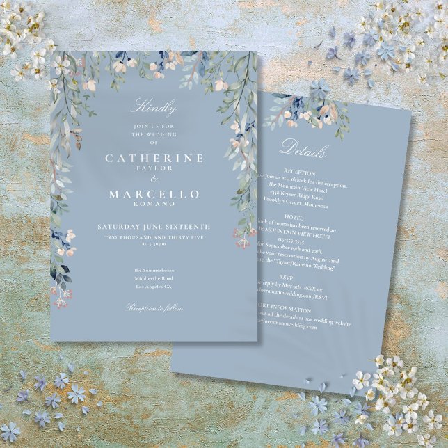 Convite Tudo em Um Floral de Noiva com Flores Silvestres e (All In One Dusty Blue Wildflowers Floral Wedding Invitation)