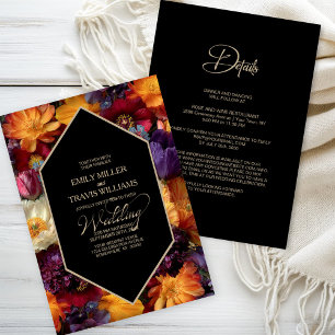 Convite Tudo em Um Floral Roxo e Laranja Casamento Preto