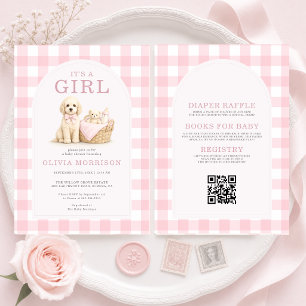 Convite Tudo em Um Menina Cachorrinho Rosa Chá de Bebê