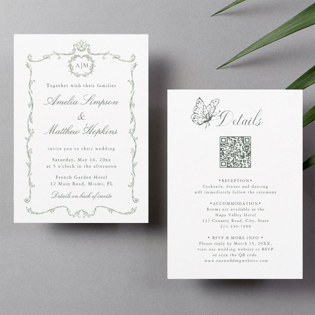 Convite Tudo em Um Moderno Clássico Casamento Verde Sage (Front & Back)
