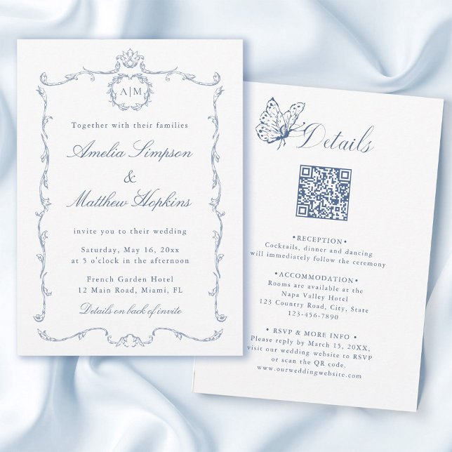 Convite Tudo em Um Moderno Clássico Francês Casamento Azul (Front & Back)