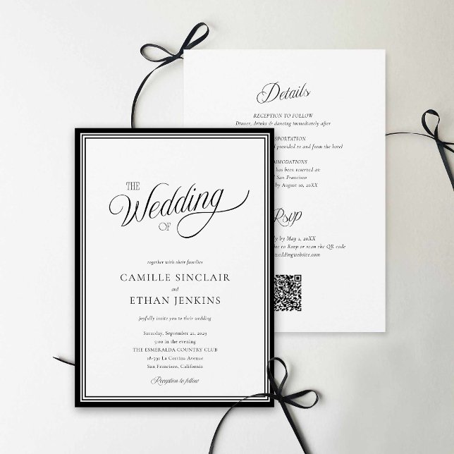 Convite Tudo Em Um Moderno Código QR Preto e Branc (Modern Black and White QR Code Wedding Invite)