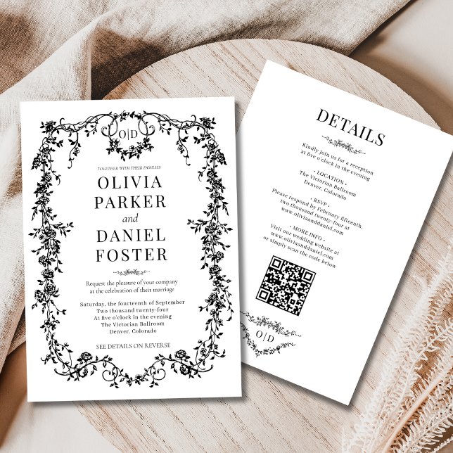 Convite Tudo em Um Monograma de Casamento Preto Vitoriano (Criador carregado)