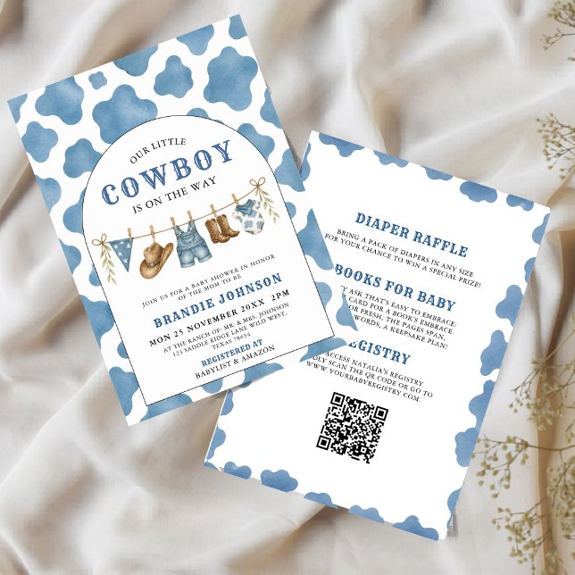 Convite Tudo em Um Pequeno Cowboy Azul QR Code Chá de Bebê (Criador carregado)