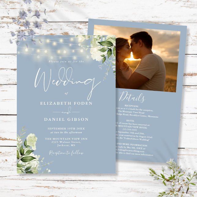 Convite Tudo Em Um Poeira Azul Verde Luz Foto Casamento (All In One Dusty Blue Greenery Light Photo Wedding Invitation)