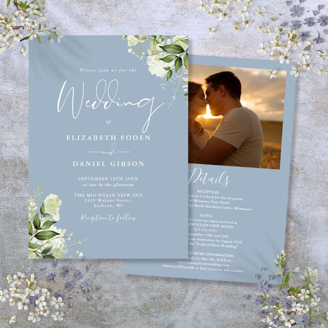 Convite Tudo Em Um Pouso Floral Azul Poeira Foto Casamento (All In One Dusty Blue Greenery Photo Wedding Invitation)