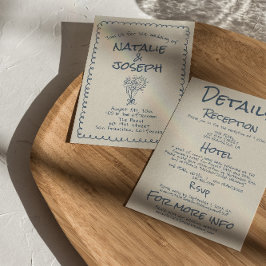 Convite Tudo em Um Retro Azul Marinho Casamento Desenhado 