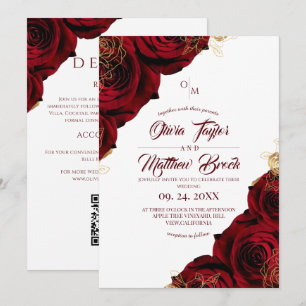 Convite Tudo em Um Rosas Vermelhas Douradas Clássico Casam