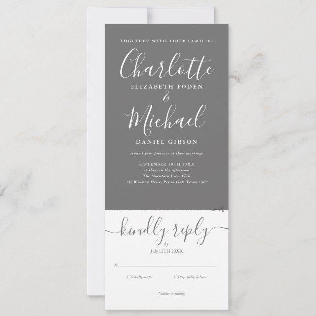 Convite Tudo Em Um Script Cinza E Branco Casamento (Frente)