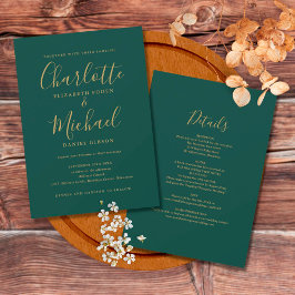 Convite Tudo Em Um Script Dourado Esmeralda Casamento