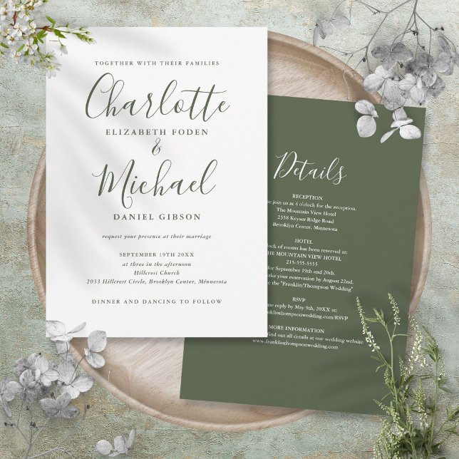 Convite Tudo Em Um Simples Casamento De Escrita Verde Oleí (All In One Simple Olive Green Script Wedding Invitation)