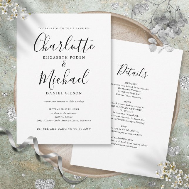 Convite Tudo Em Um Simples Casamento Preto E Branco (All In One Simple Black And White Script Wedding Invitation)