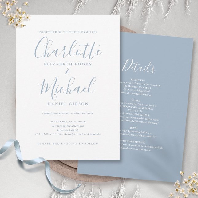 Convite Tudo Em Um Simples e Elegante Casamento Azul Empoe (All In One Dusty Blue Simple Chic Script Wedding Invitation)
